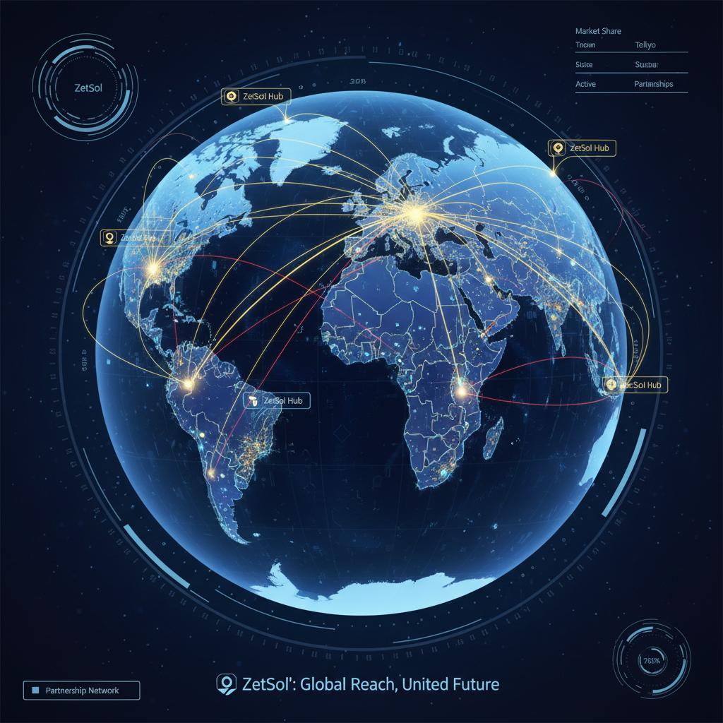 Global business network visualization showing PRAYOM's international presence across continents