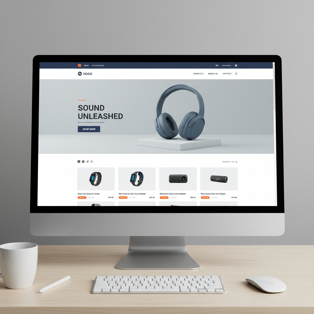 E-commerce landing page design mockup on desktop monitor