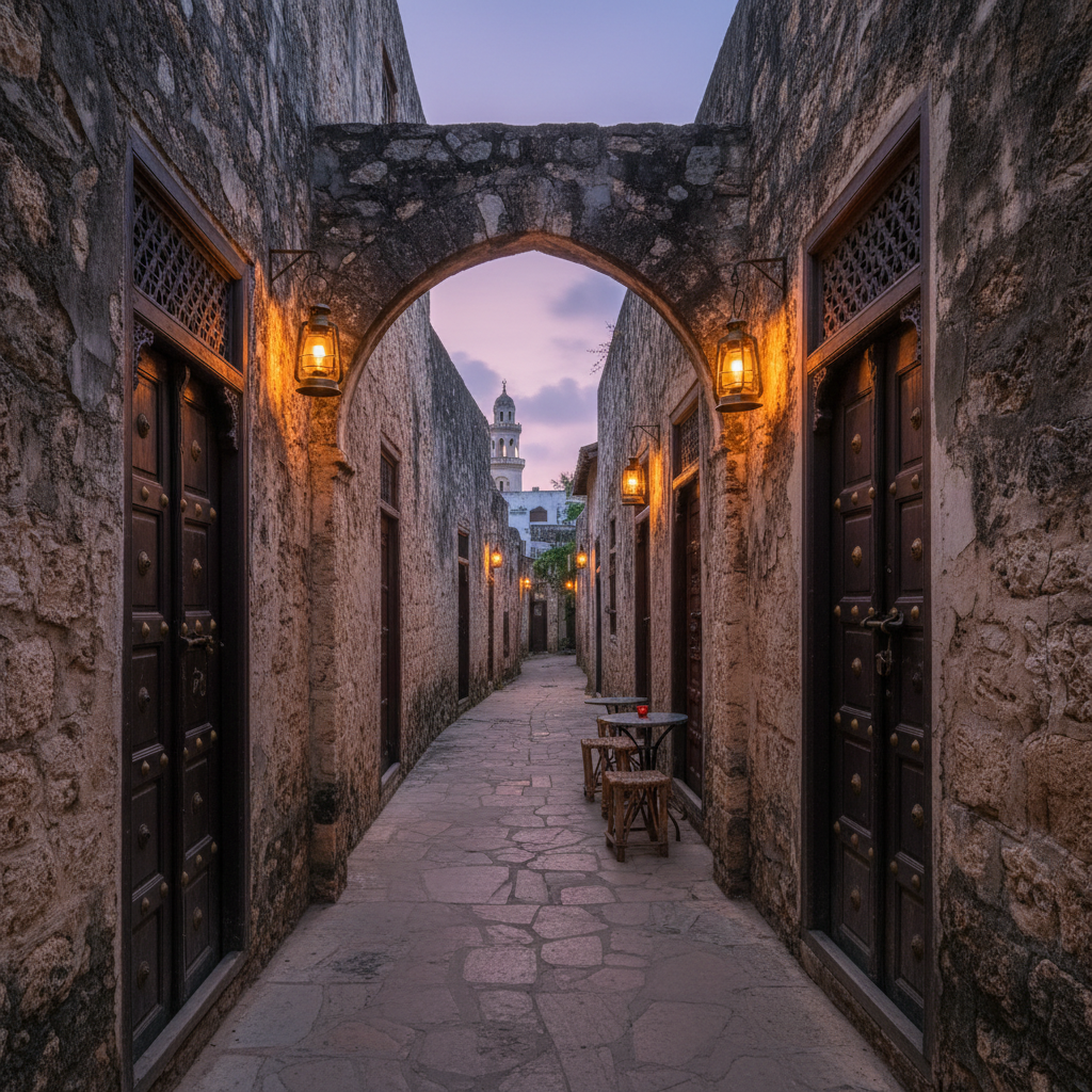 Narrow Stone Town alley in Zanzibar with carved wooden doors and warm lantern light at dusk
