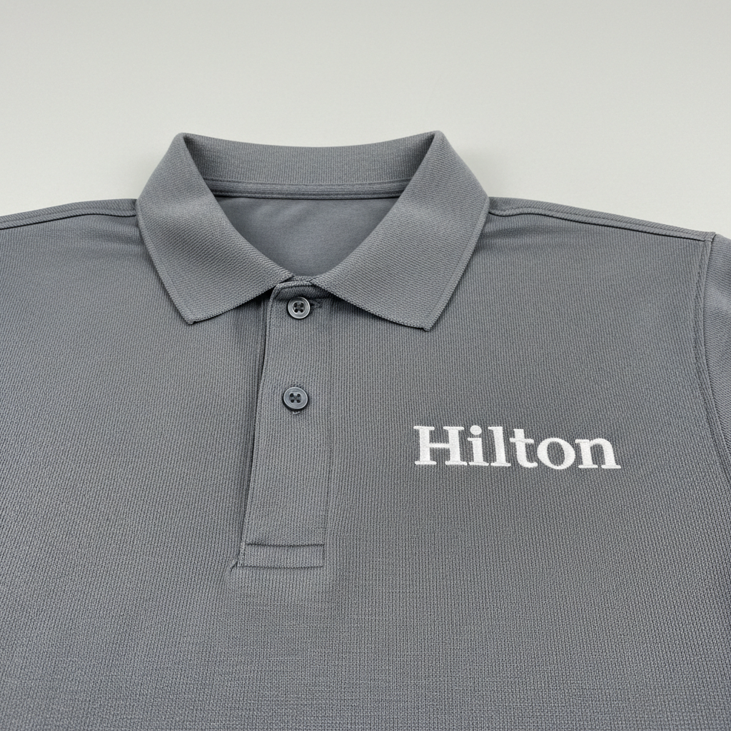 Detailed embroidery of Hilton wordmark on charcoal uniform shirt fabric with tight stitch density visible