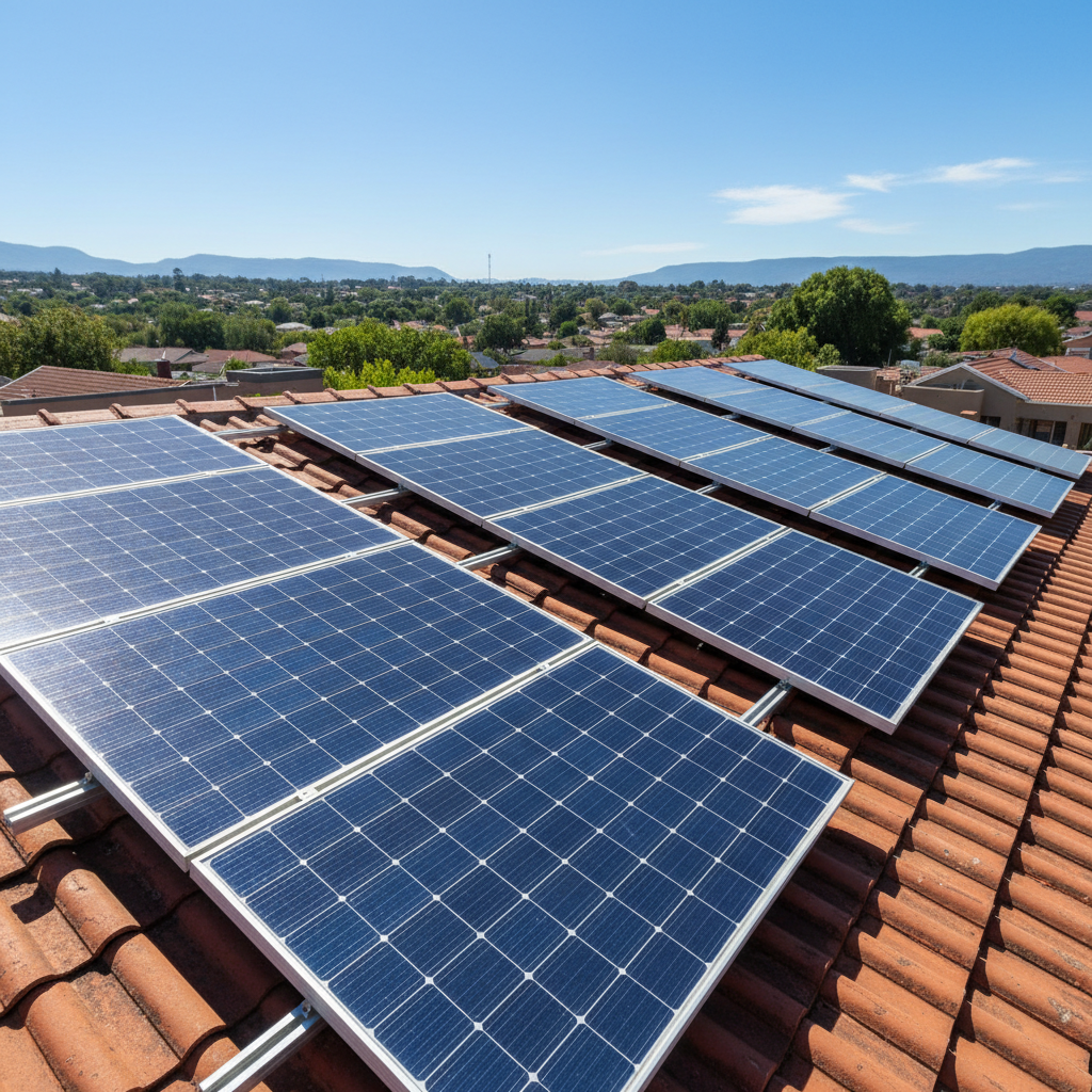 Solar panels installed on residential rooftop, bright South African sky, warm sunlight, clean blue panels