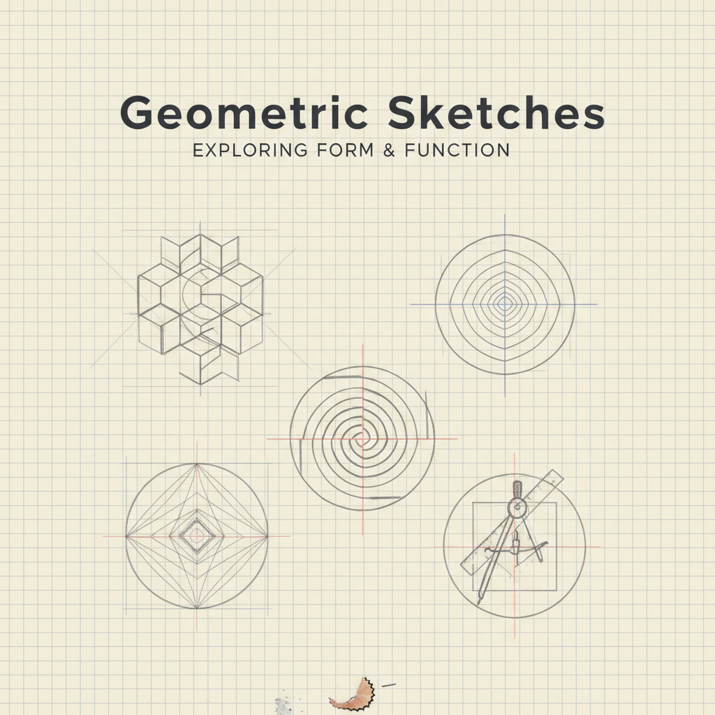 Grid paper with geometric logo sketches and construction lines in pencil