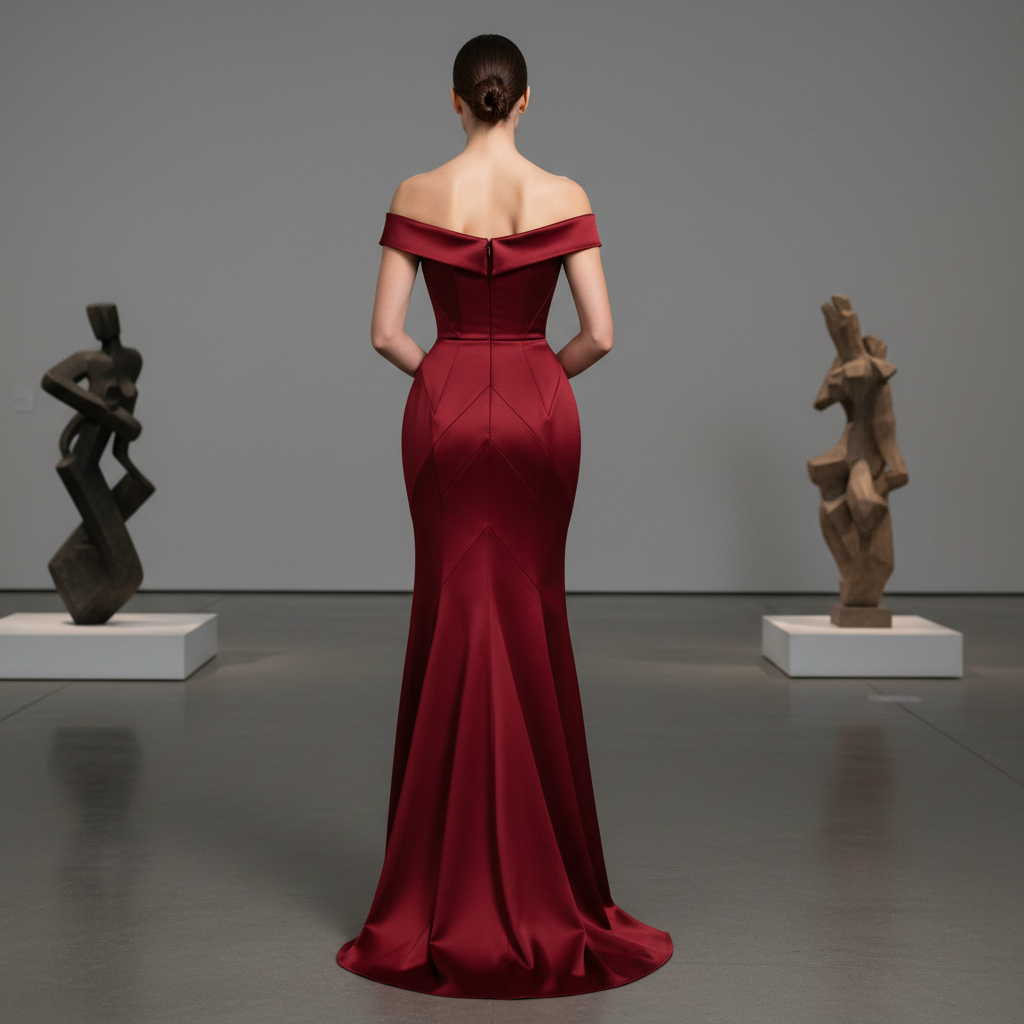 Deep garnet column gown with off-shoulder neckline and architectural back seaming