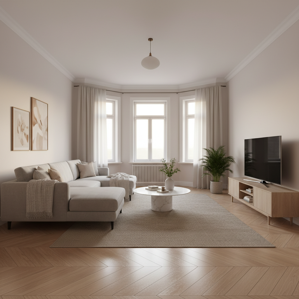 Bright renovated living room with herringbone floors and morning light, ideal for first-time buyers