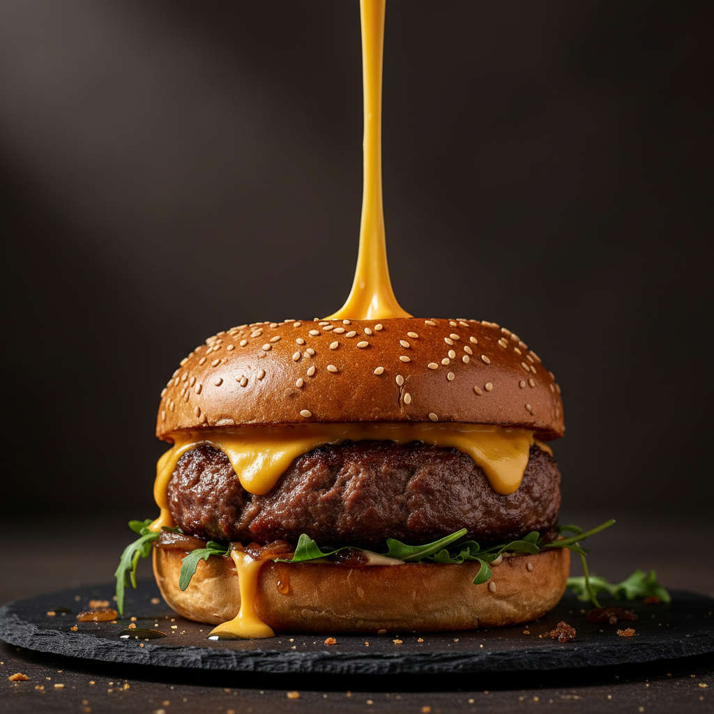 Gourmet burger with blue cheese crumbles melting on a thick wagyu patty, dramatic dark studio lighting, moody atmosphere