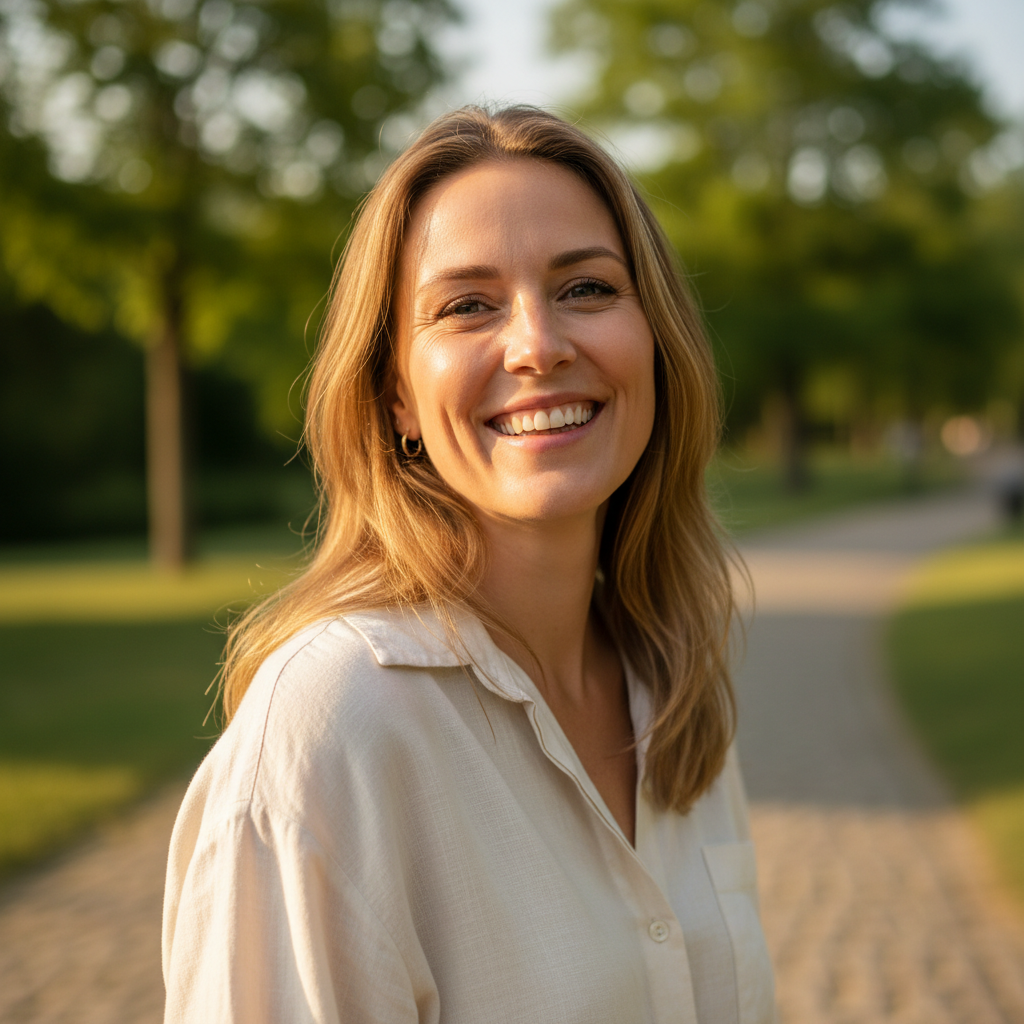 Smiling woman with light hair, outdoor setting, bright daylight, relaxed casual style