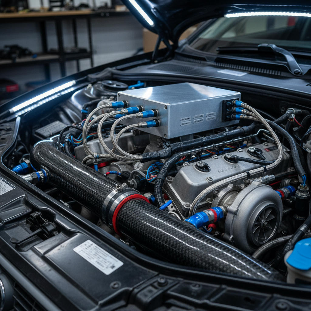 Close-up of ECU and engine bay of modified Audi, wiring and intake visible under strip lighting