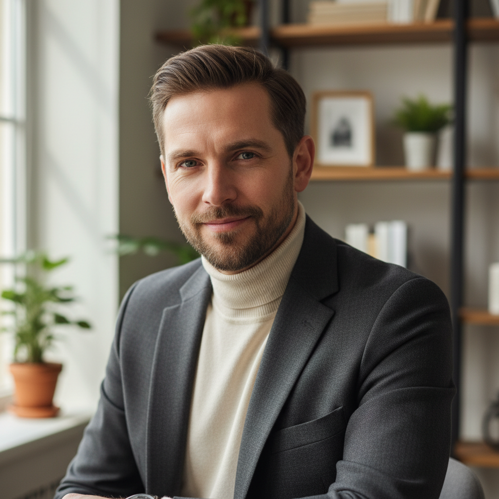 Confident male creative director in dark studio with directional rim lighting and shadowed background