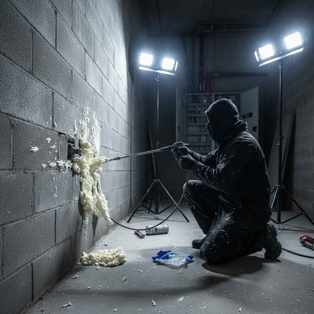 Technician in black coveralls sealing wall entry points with expanding foam at night