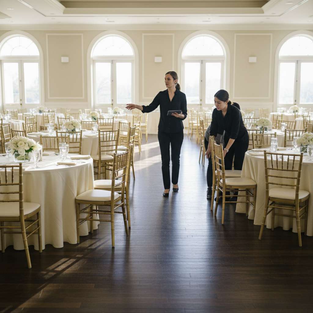 Coordinator overseeing ballroom setup at dawn