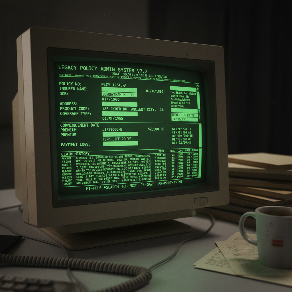 Legacy insurance policy administration system terminal interface with green text on dark background showing complex data fields