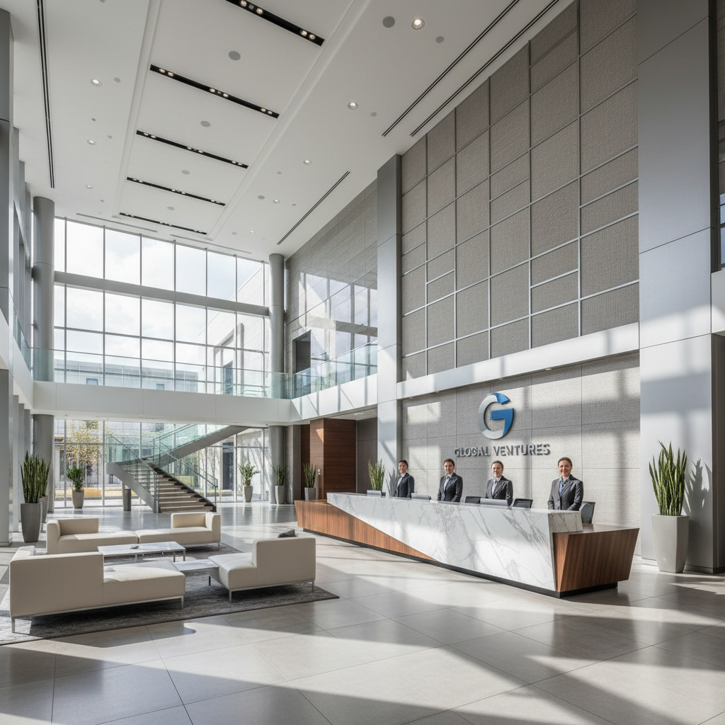 Corporate lobby with large-scale artwork creating an impression