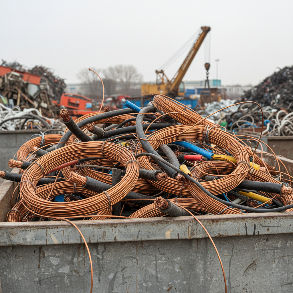 Coiled copper wire and electrical cable cutoffs in a bin at a recycling yard