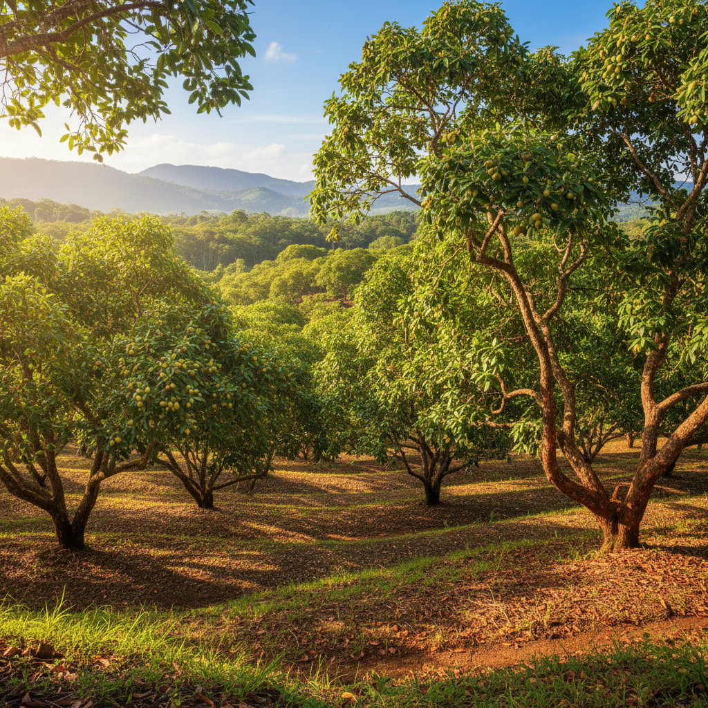 Healthy orchard with green foliage and fruit, bright natural daylight, open agricultural landscape