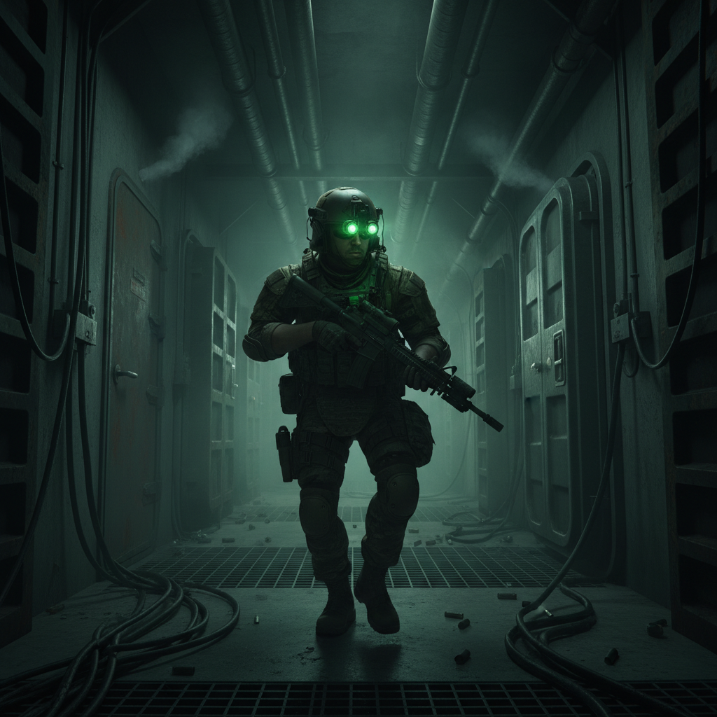 Security professional in dark environment, tactical atmosphere, low-key lighting