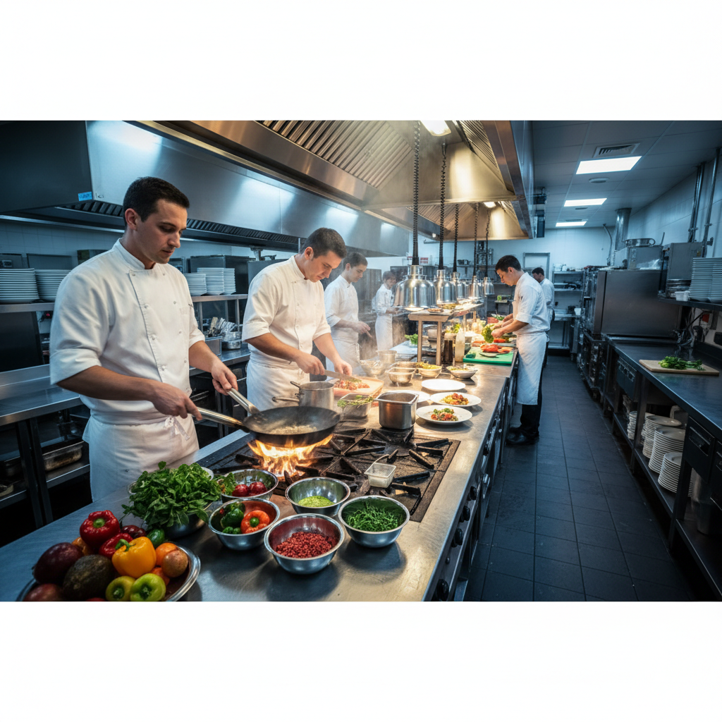 Busy South African restaurant kitchen with warm amber lighting, chefs in white uniforms preparing food, professional commercial kitchen equipment