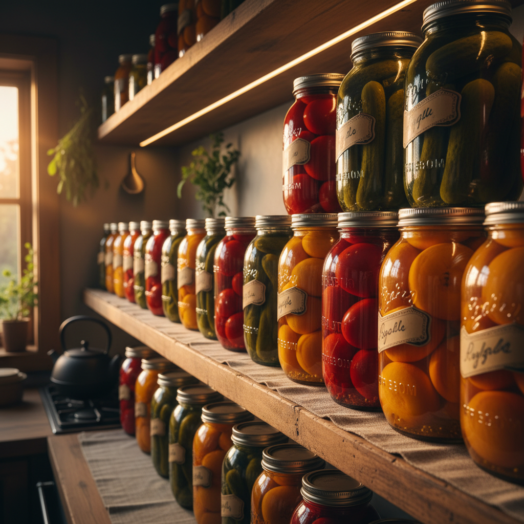 Rows of home-canned mason jars on wooden shelf, warm amber light, rustic kitchen