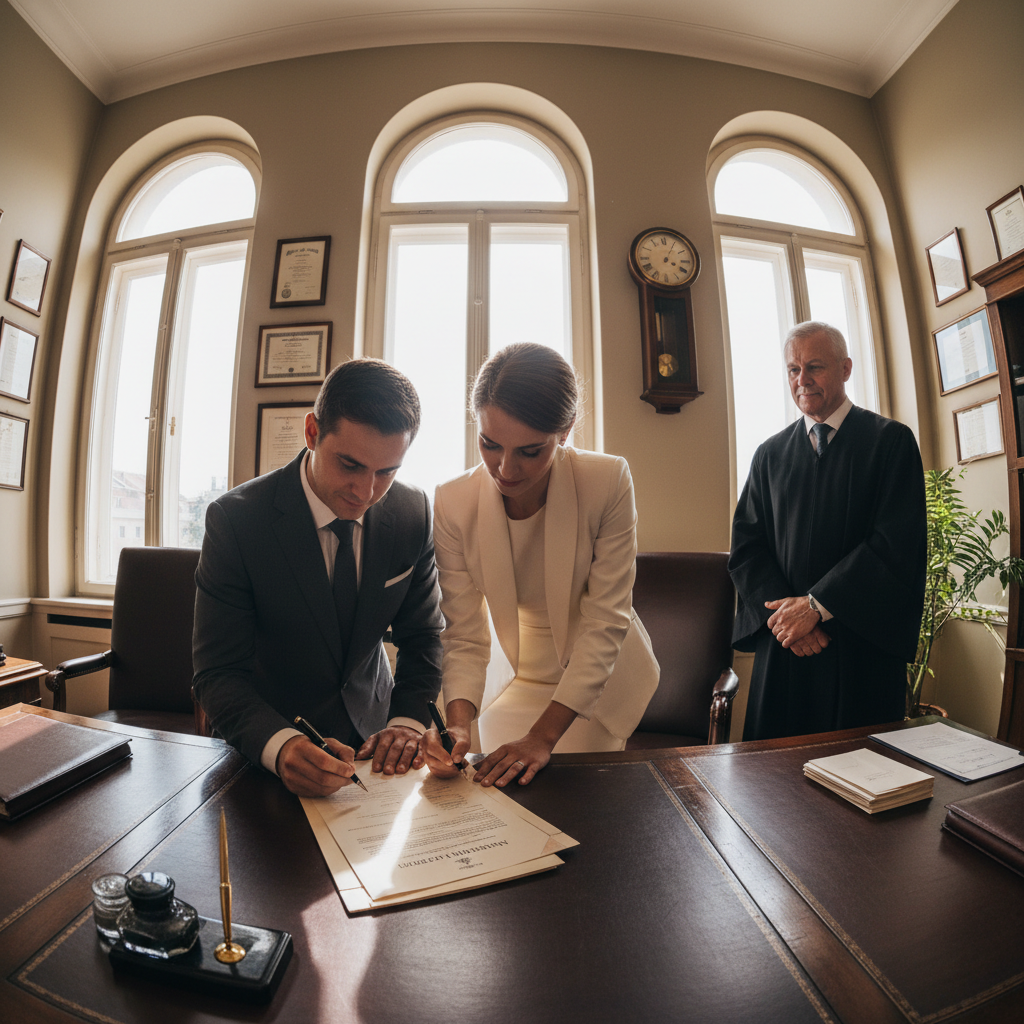 Couple signant un contrat de mariage dans un cabinet notarial en Bretagne