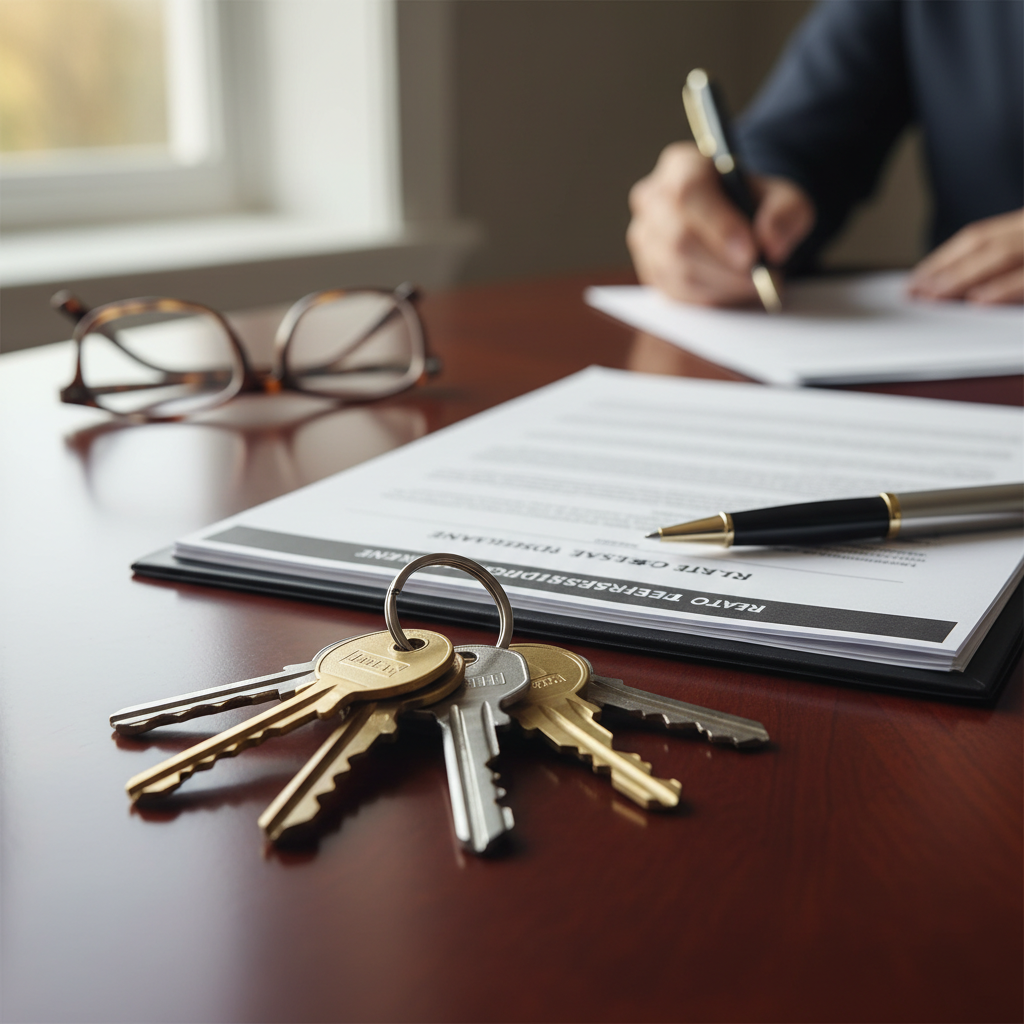 Set of house keys resting on a closing table beside documents