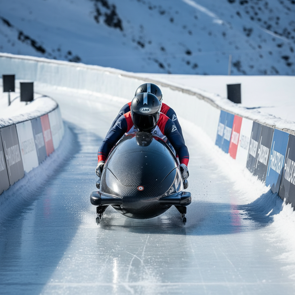 Two-man bobsled assembled with carbon-fiber cowling on ice track, competition-ready configuration