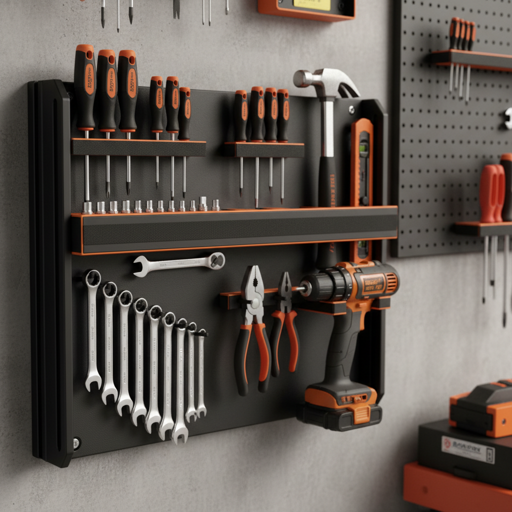 Organized tool wall with hanging tools