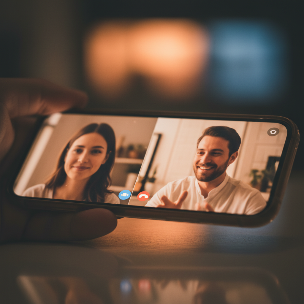 Warm phone screen glow in a dark room, sense of connection and safety, soft green ambient light