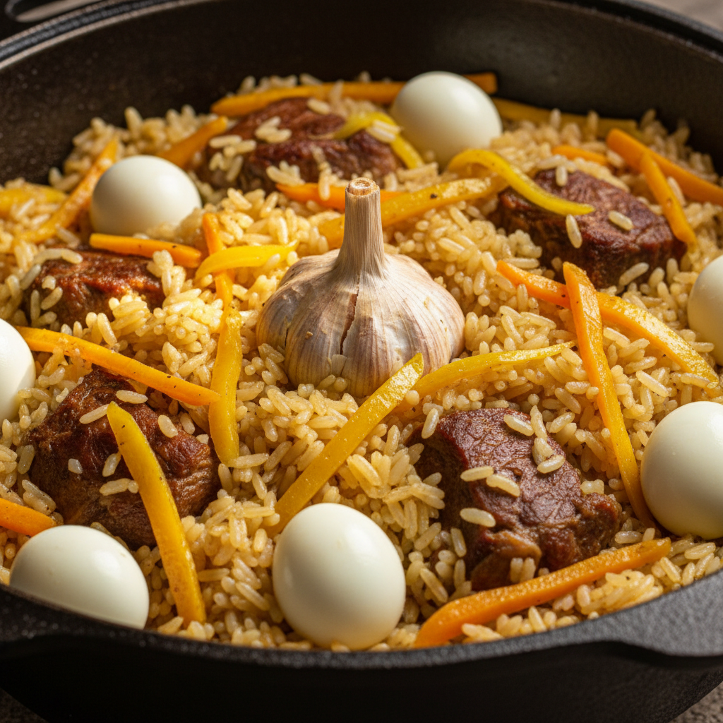 Cast iron kazan filled with golden plov rice, quail eggs, yellow carrots, and a whole garlic head, glistening with lamb fat