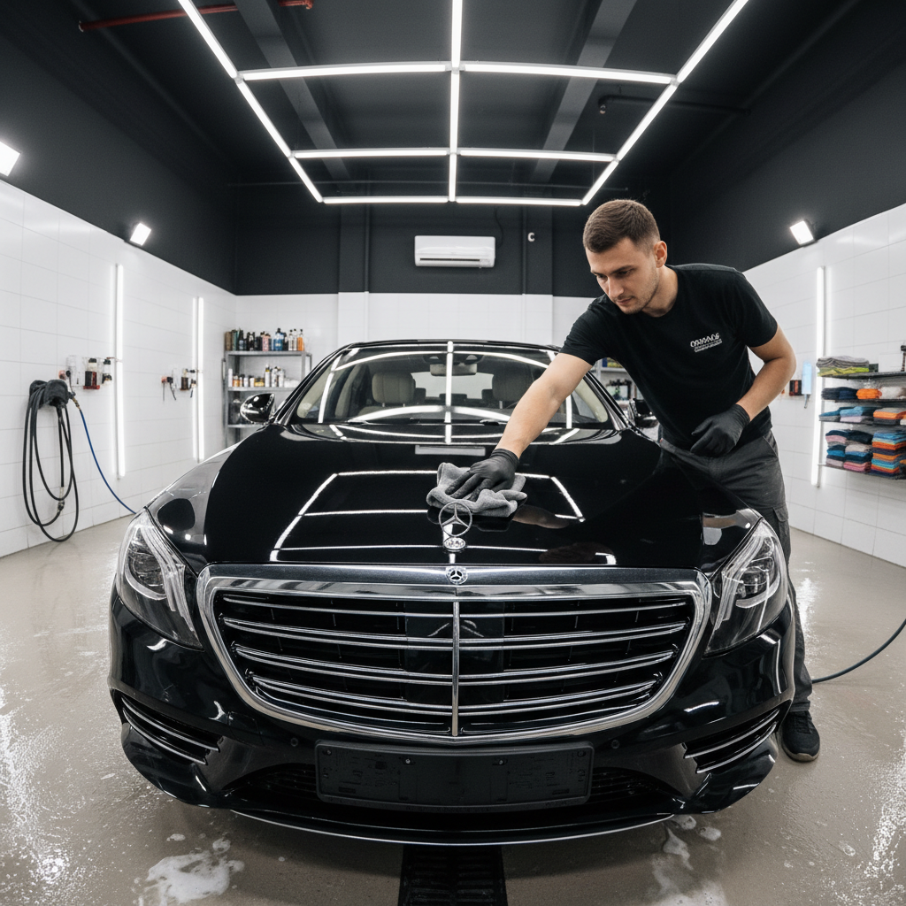 Detailing professional applying microfiber cloth to car exterior, sunny outdoor setting