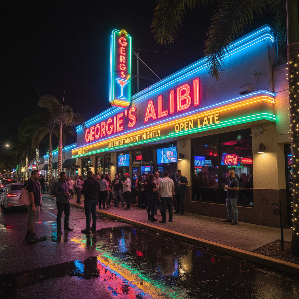 Georgie's Alibi bar in Wilton Manors with colorful neon signs and welcoming atmosphere