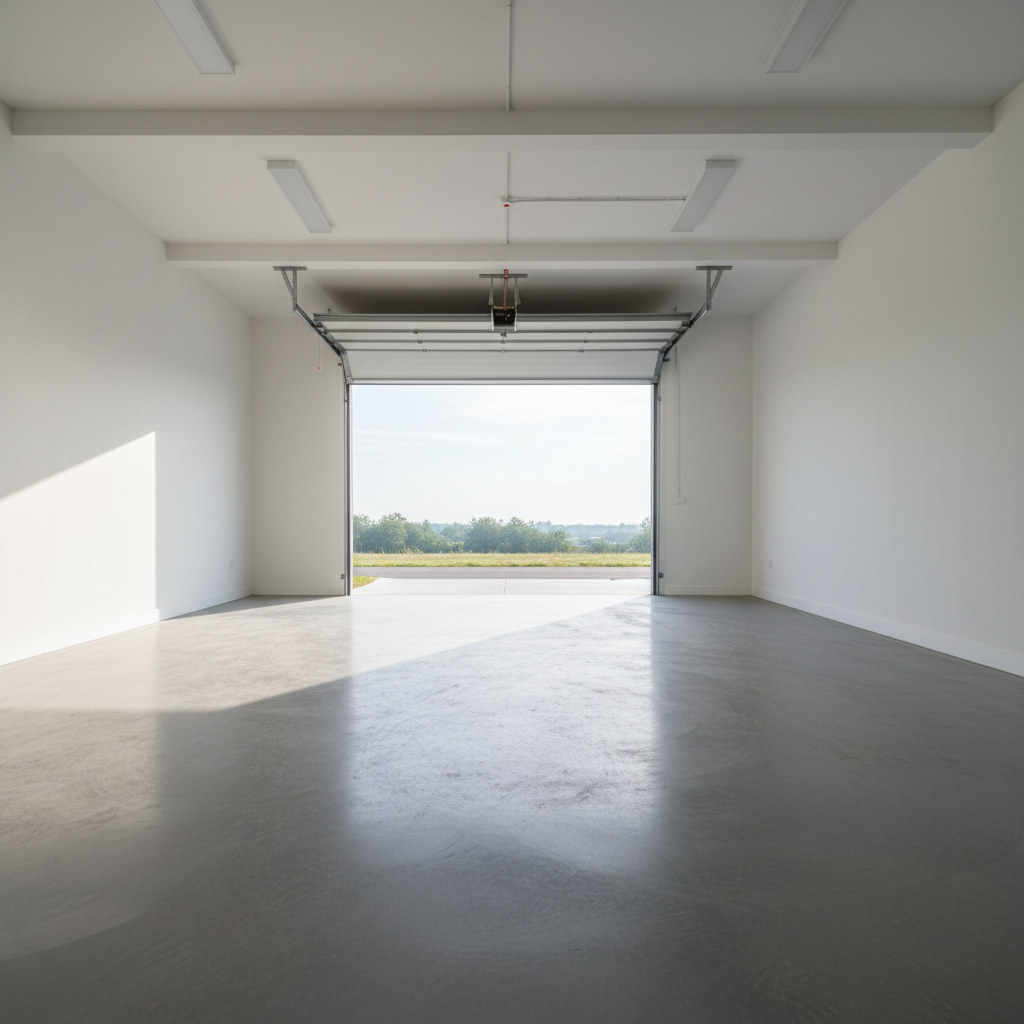 Empty garage bay interior with roller door open, morning light on concrete floor, white painted walls