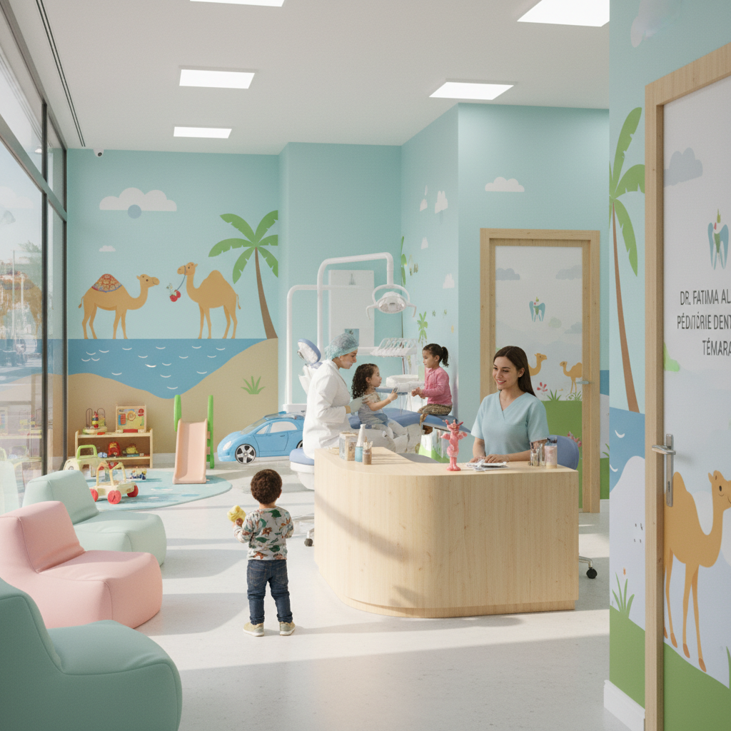 Child patient smiling in colorful dental chair, friendly hygienist nearby, bright cheerful dental office