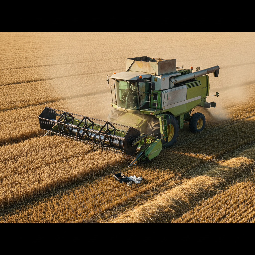 Winter harvest season at Omer Cottage showing golden wheat fields ready for harvest with traditional farming equipment and peaceful morning mist
