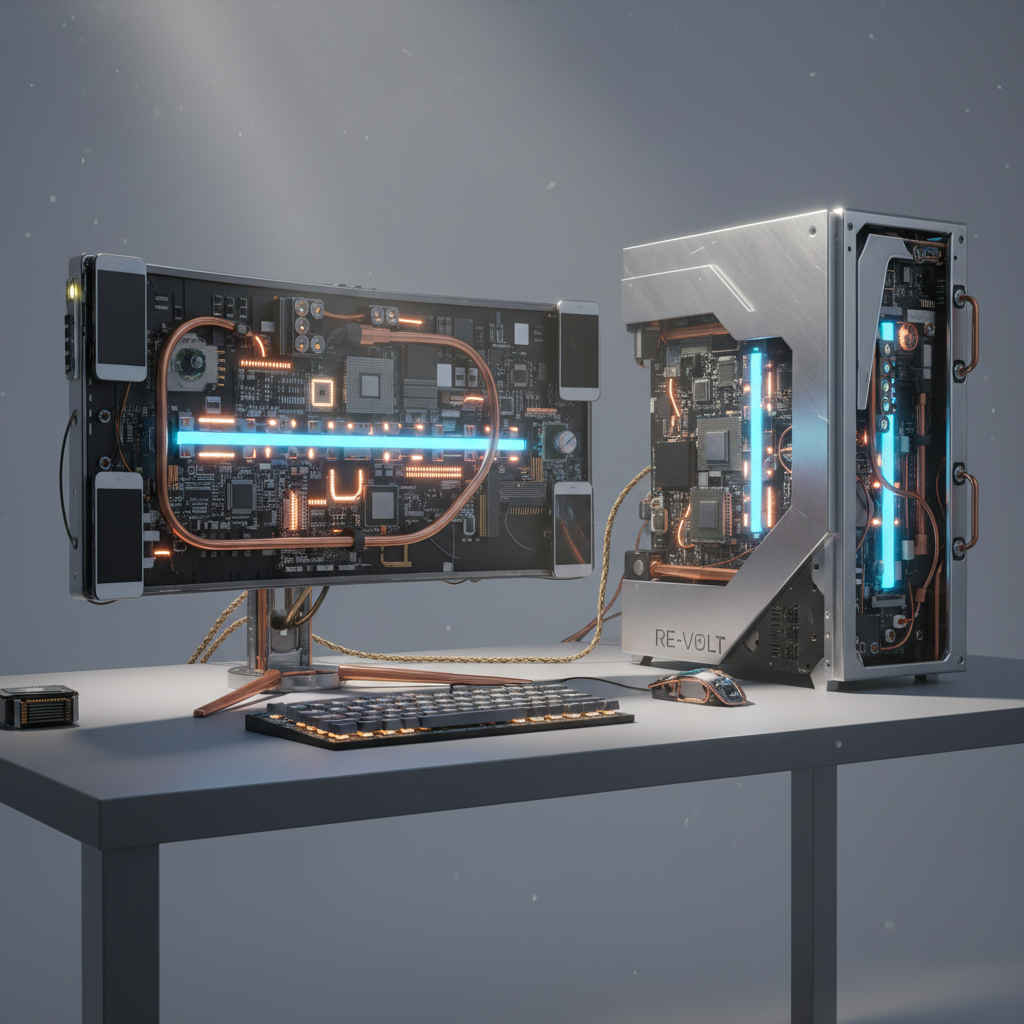 Retro-futuristic computer setup with glowing screens