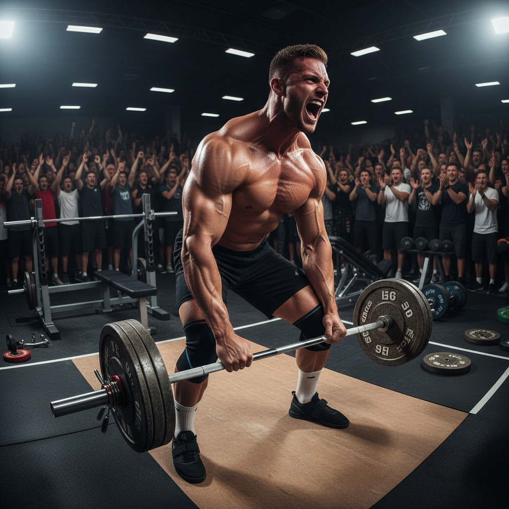 Athlete celebrating a personal record lift in a gym, arms raised in achievement, dramatic low-key lighting