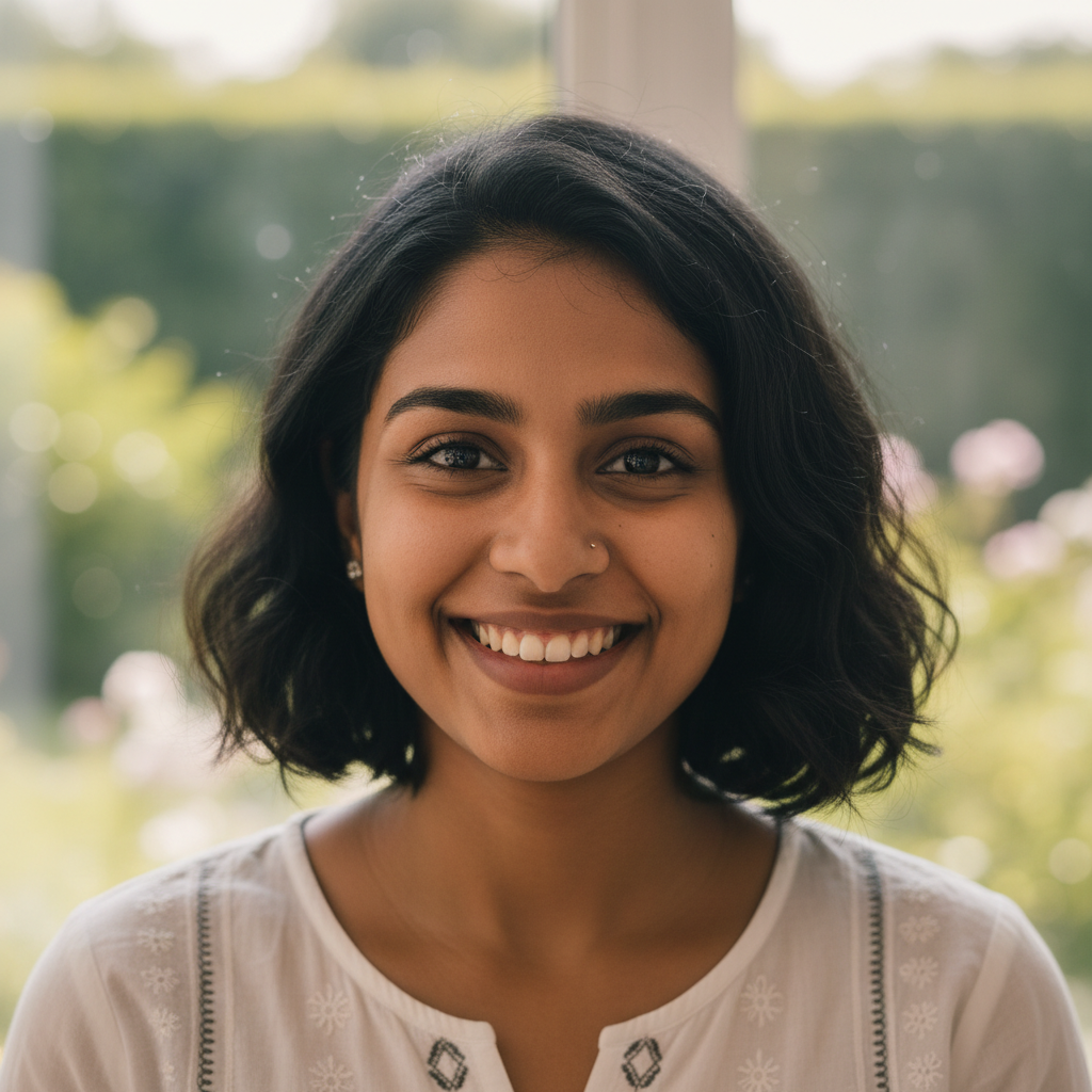 Indian woman with short hair smiling warmly at camera