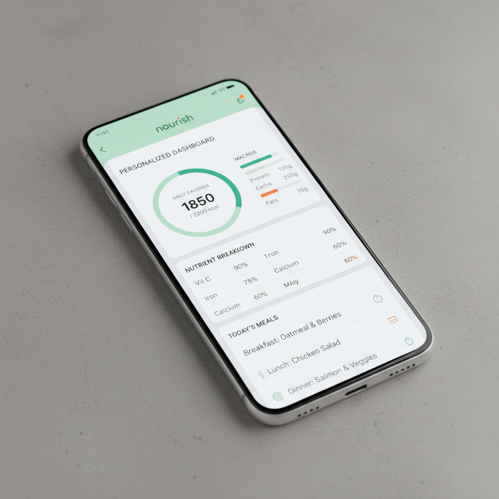 Nourish Android app displaying personalized nutrition dashboard with clean typography