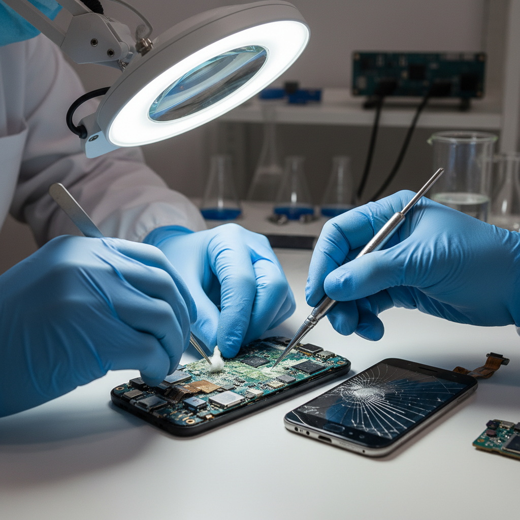 Close-up of phone repair technician replacing battery in dark repair shop with focused lamp illuminating the device