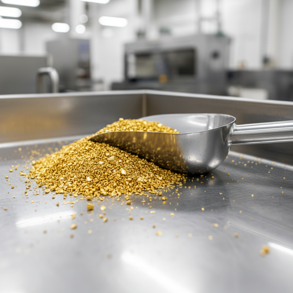 Gold granules and dust in industrial processing tray with metal scoop, mine extraction