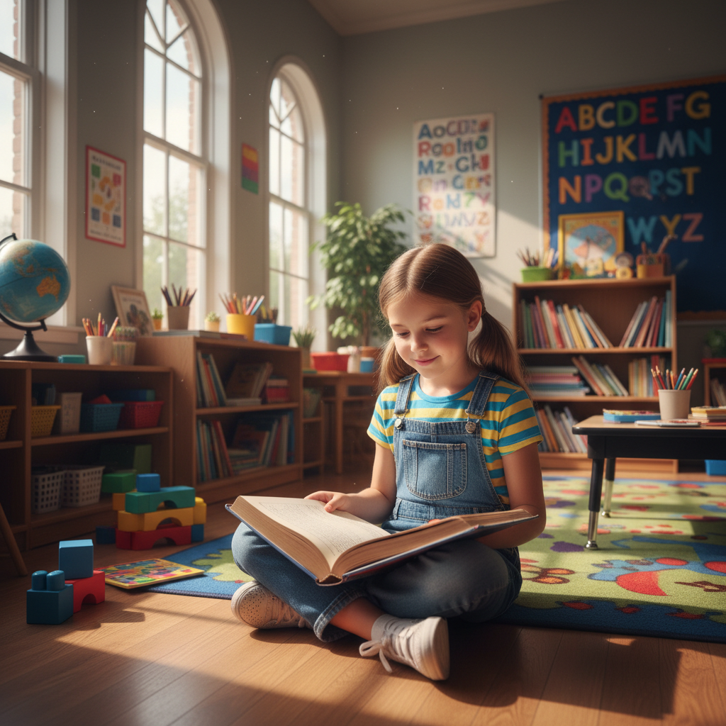 Young girl reading intently in a classroom, focused, warm natural light from window