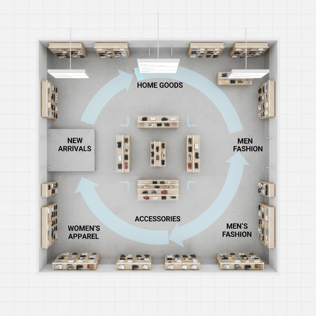 Well-designed grocery checkout area with organized impulse purchase displays at optimal height, clear lane signage, and efficient queue management