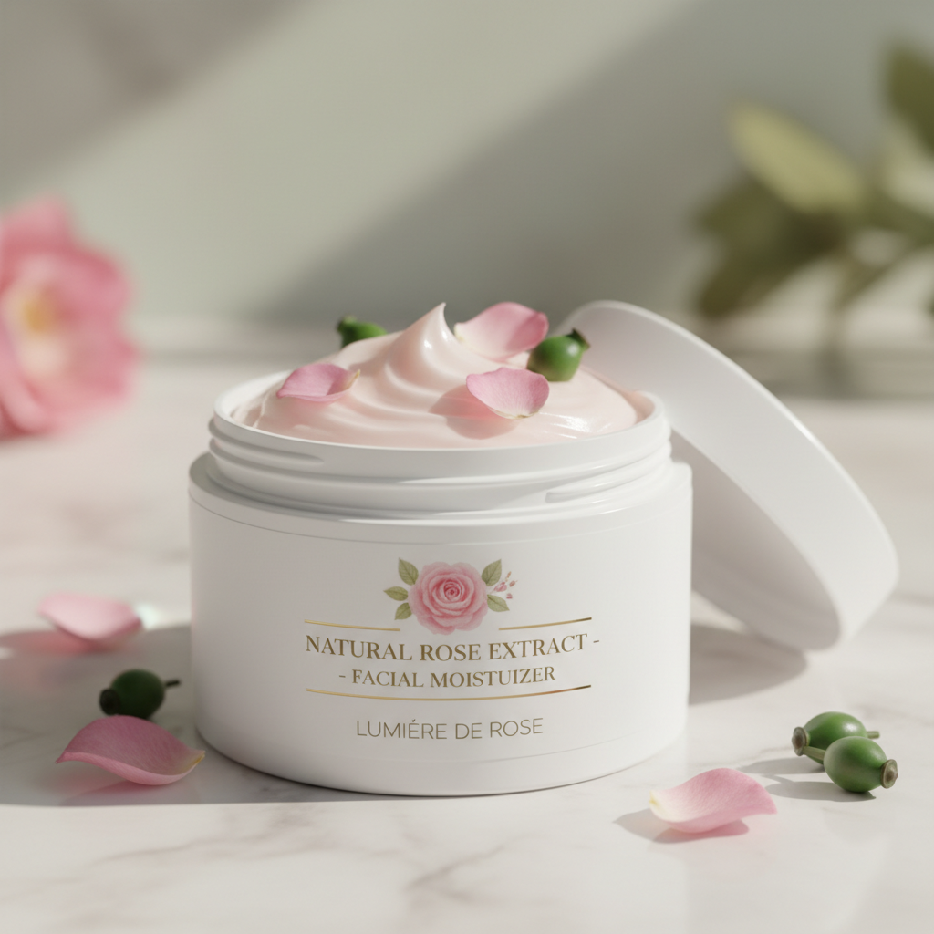 Minimalist white moisturizer jar with pink accents on clean marble surface, soft natural lighting
