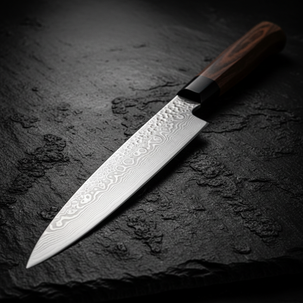 Japanese steel kitchen knife on dark wooden chopping board, dramatic side lighting