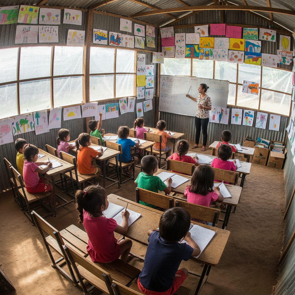 Haitian children in colorful school uniforms sitting in a temporary learning space with bright sunlight streaming through open walls