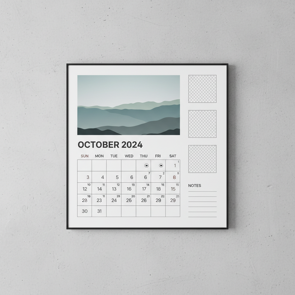 Wall calendar with full bleed nature photography and clean date grid below each month