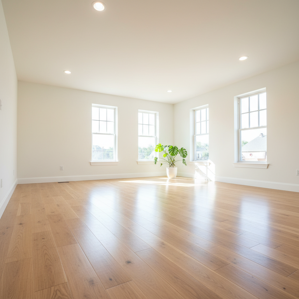 Bright empty room with gleaming hardwood floors and spotless white walls after a professional cleaning