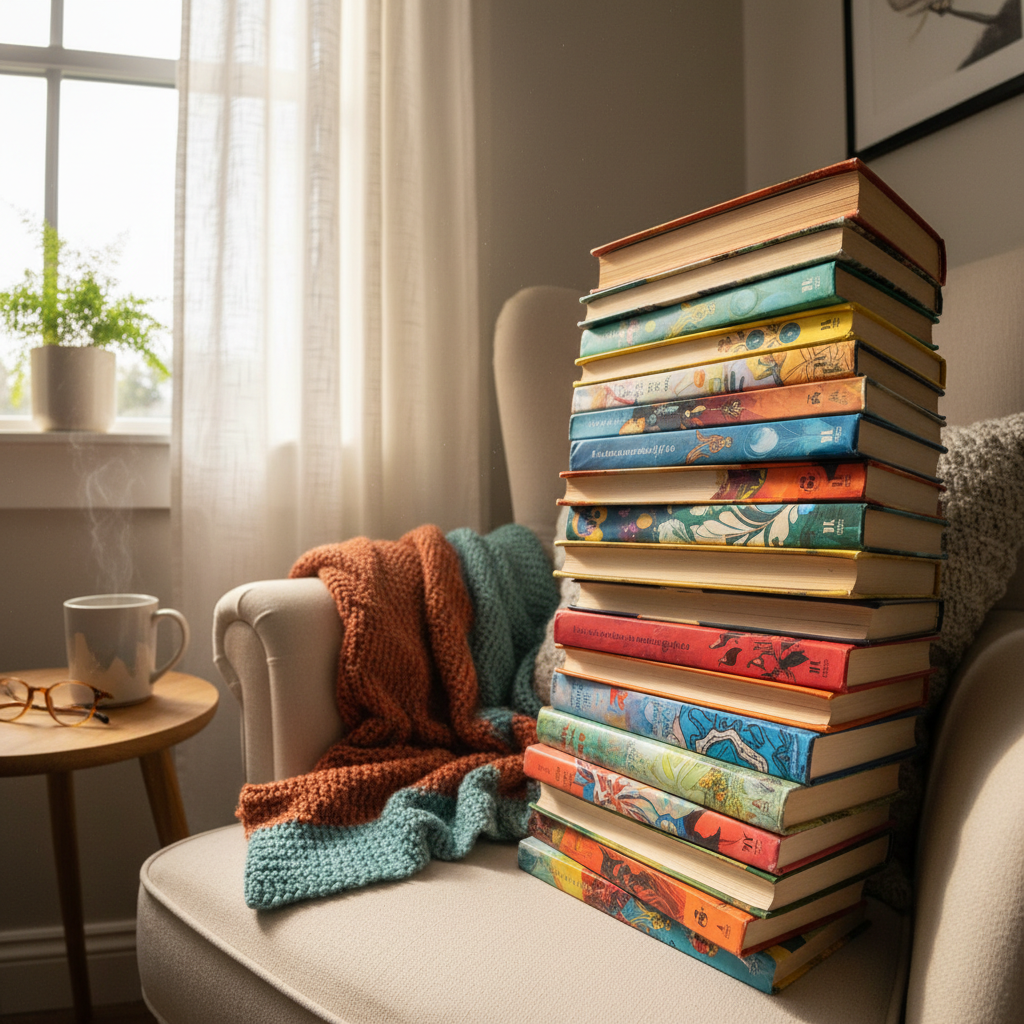 Stack of colorful books in warm light, cozy reading atmosphere, bright open setting