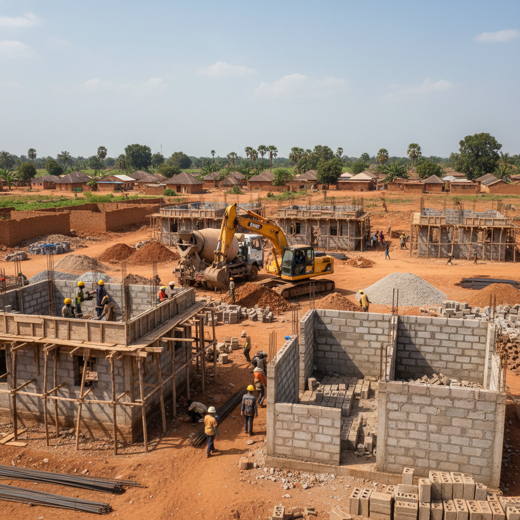 Community development project site in Afi Uda village showing construction progress