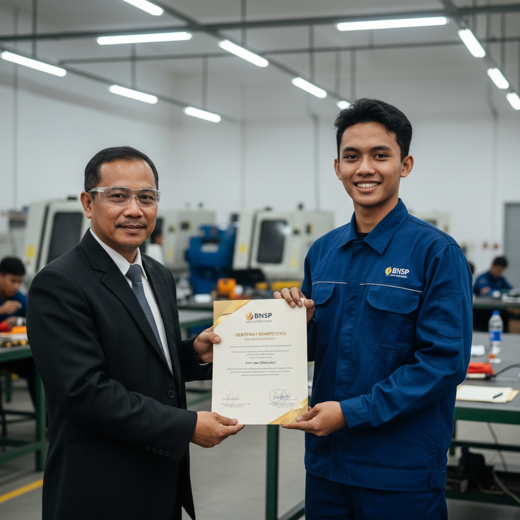 Penyerahan sertifikat BNSP - peserta pelatihan welder menerima sertifikat kompetensi