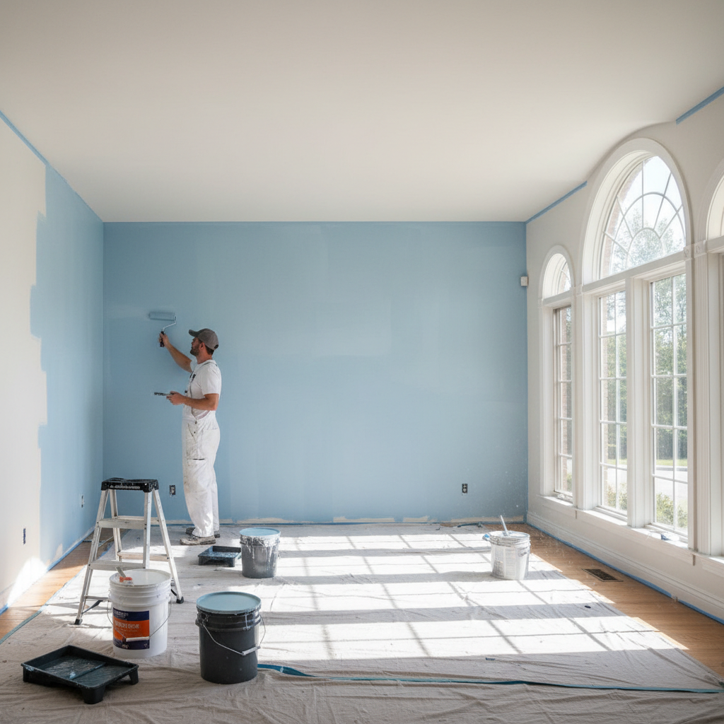 Professional painter in white overalls applying blue paint on a wall with a roller, bright commercial interior, focused and skilled