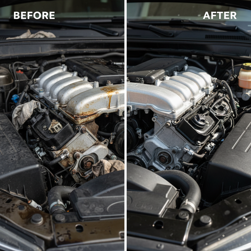 Before and after shot of car detailing showing clean engine bay